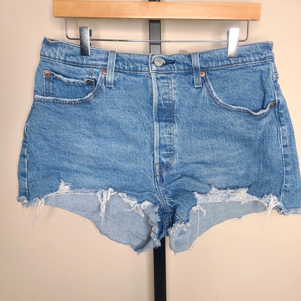 Levi's Womens 501 Cut-Off Shorts Blue Stretch Denim Button Fly Fray High Rise 32
